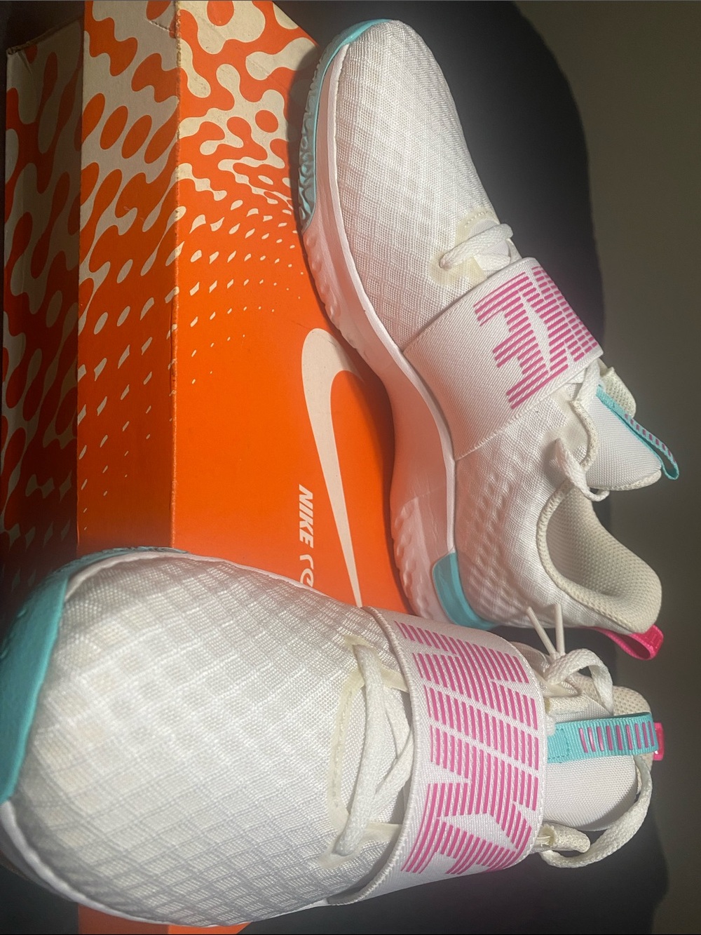 Nike White Slip-On Sneakers with Pink & Teal Accents